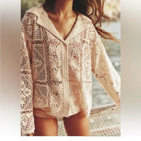 Zara Tops - Zara Beige Crochet Lace Cardigan